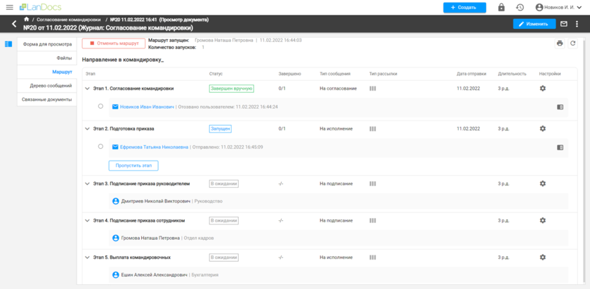 Маршрут согласования командировки сотрудника